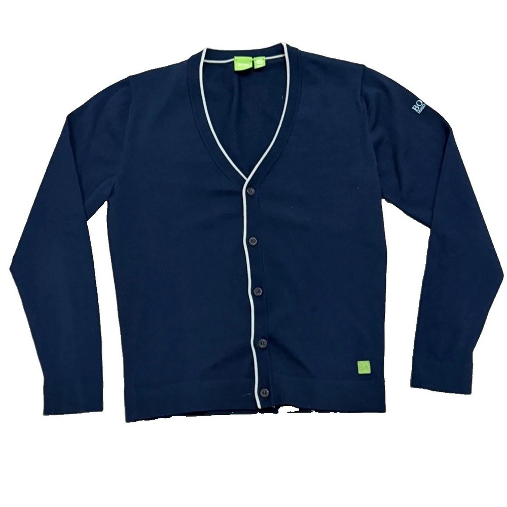 BOSS Hugo Boss Navy Blue Cardigan Sweater Button Front Logo Trim M